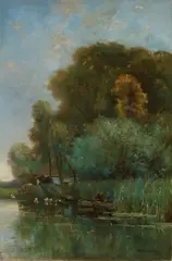 Willem Hendrik Eickelberg, Riviergezicht met vissers, Olieverf op linnen