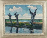 Peter van der Braken, Knotwilgen in polderlandschap, Olieverf op linnen