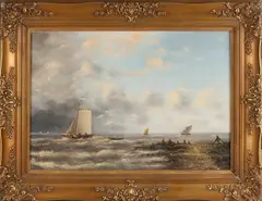 Jan van der Linde, Hollands zeegezicht met zeilboten, Olieverf op paneel