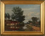 W.J. Koppius, Landschap met figuren en eenden, Olieverf op schilderskarton