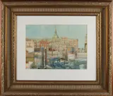 Jaroslav Šetelík, Havengezicht Dordrecht, Aquarel op papier