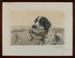 Léon Danchin, Jachthond met patrijs, Ingekleurde ets op papier