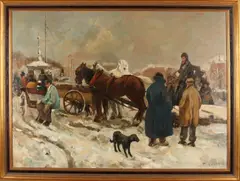 E. v.d. Broeck, Figuren op besneeuwde kade, Olieverf op paneel