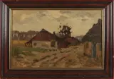 Cor Noltee, Landschap met boerderij en kippen, Olieverf op linnen