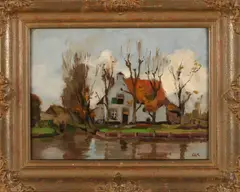 Edzard Koning, Boerderij aan de waterkant, Olieverf op linnen op paneel