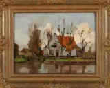 Edzard Koning, Boerderij aan de waterkant, Olieverf op linnen op paneel