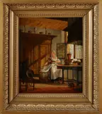 Johannes Jelgerhuis, Fries interieur met handwerkende vrouw, Olieverf op paneel
