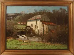 Chris Hammes, Watermolen met eenden langs de waterkant, Olieverf op linnen