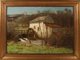 Chris Hammes, Watermolen met eenden langs de waterkant, Olieverf op linnen