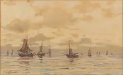 Adriaan Terhell, Vissersboten op zee, Aquarel op papier
