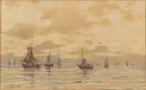 Adriaan Terhell, Vissersboten op zee, Aquarel op papier
