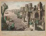 17e - 18e Eeuwse handingekleurde gravure, Die erste plage in Ägypten, 17e - 18e Eeuwse handingekleurde gravure