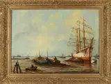 Wim Bos, Rotterdamse haven met driemaster, Olieverf op linnen