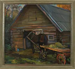 A. Sokolov, Blokhut met paardenkar, Olieverf op linnen