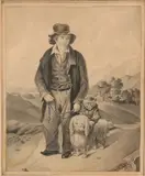 Monogram N.H. Fecit, Man met hond en aapje, 1873, Sepia op papier