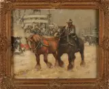 Anton Müller, Trekpaarden op besneeuwde havenkade, Olieverf op paneel