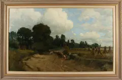 Johan Ernst Bäumer, Landschap met schaapskudde en korenschoven, Olieverf op linnen