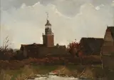 Leendert van der Vlist, Dorpsgezicht bij avond, Olieverf op paneel