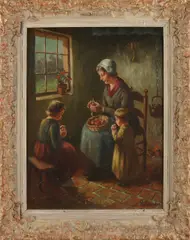 H. Van Leeuwen, Boeren gezin in interieur, Olieverf op linnen