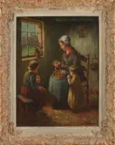 H. Van Leeuwen, Boeren gezin in interieur, Olieverf op linnen