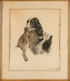 Léon Danchin, Jachthond met haas, Ingekleurde ets op papier