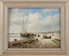 H. Balman, Hollands strandgezicht met vissersvolk en bomschuiten, Olieverf op paneel