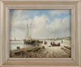 H. Balman, Hollands strandgezicht met vissersvolk en bomschuiten, Olieverf op paneel