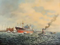 L. Scheen, Rotterdams havengezicht, Olieverf op paneel