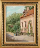 J.E. Akkeringa Jr., Zonnig boeren huis, Olieverf op linnen