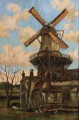 Dirk Jansen, Windmolen met kippen, Olieverf op linnen