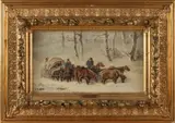 J. Wolski, Paardengespan in sneeuw, Olieverf op paneel
