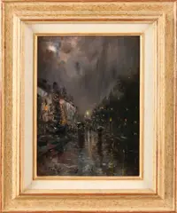 Lucien Frank, Stadsgezicht bij avond, Olieverf op paneel