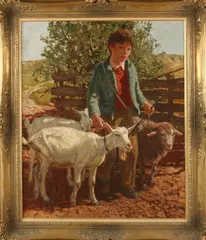Josef Strahn, Boerenjongen met geit en schaap, Olieverf op linnen
