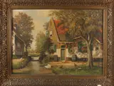 Frans Baayens, Boerderij met beek en kippen, Olieverf op linnen