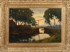 Leendert van der Vlist, Riviergezicht bij avond met ophaalbrug, Olieverf op linnen