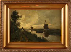 Willem Rip, Ruiter langs vaart met molens bij avond, Olieverf op linnen