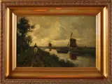 Willem Rip, Ruiter langs vaart met molens bij avond, Olieverf op linnen