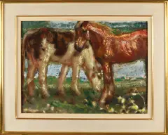 Gerard Westermann, Twee paarden in zonnig weiland, Olieverf op paneel