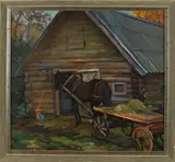 A. Sokolov, Blokhut met paardenkar, Olieverf op linnen