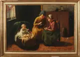 J. Bauve, Boeren interieur met kinderen, Olieverf op linnen
