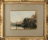 Onduid. gesig., Stoomboot aan kade, Aquarel op papier