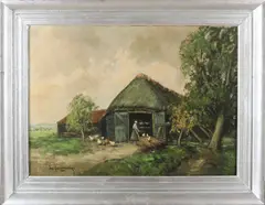 H.C. Kranenburg, Boerin met kippen, Olieverf op linnen