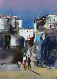 Onduid. gesig., Mediterraans stadsgezicht, Acryl op papier
