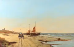 Leo Scheen, Bomschuiten op strand, Olieverf op linnen