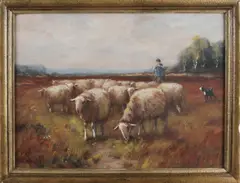 Martinus Nefkens, Schaapsherder met hond en schapen, Gouache op papier