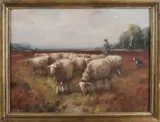 Martinus Nefkens, Schaapsherder met hond en schapen, Gouache op papier
