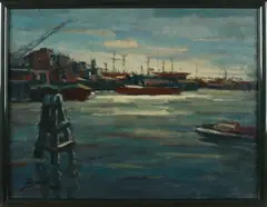 J. Hendriks, Havengezicht, 1980, Olieverf op linnen