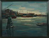 J. Hendriks, Havengezicht, 1980, Olieverf op linnen