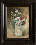 Monogram P.B., Franse Fayence bierpul met bloemen, Aquarel op papier