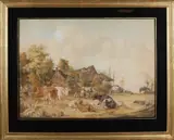 Pieter Gerardus van Os, Boerenhoeve met vee, Aquarel op papier
